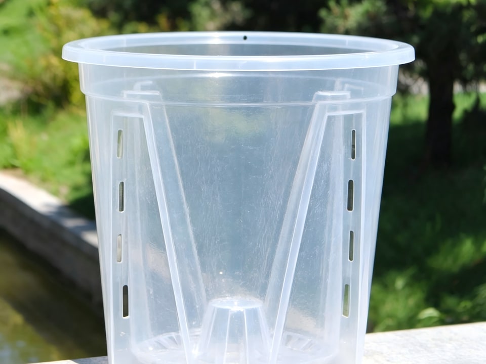 Transparent orchid pot detail showing slotted clear wall